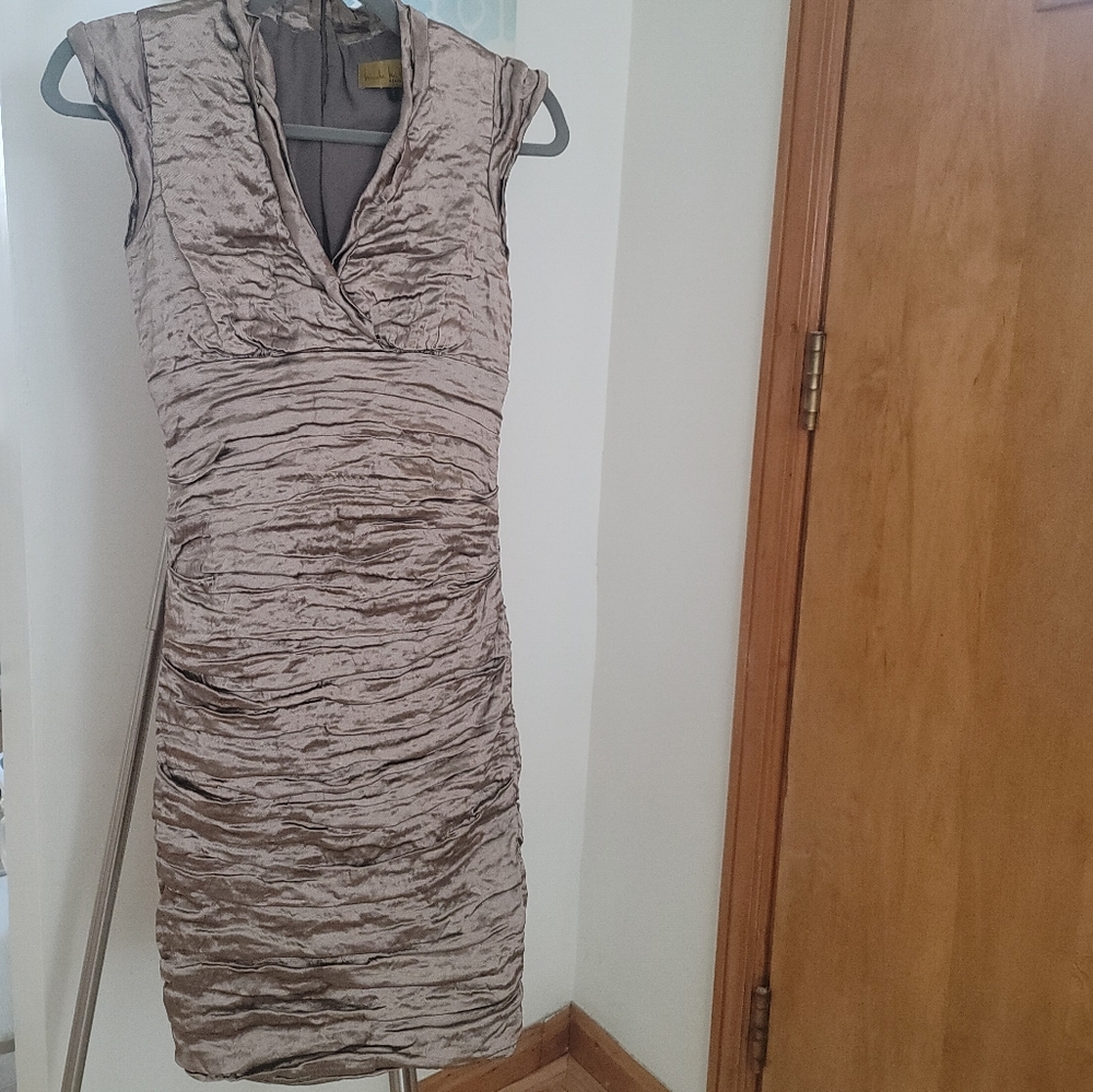 NICOLE MILLER Champagne Crinkle Dress.  Sz 4P - Picture 4 of 6